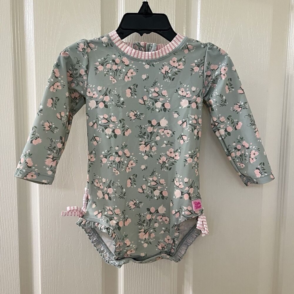 RuffleButts Tea Roses Floral One Piece Rash Guard Swimsuit Size 18-24 Months
